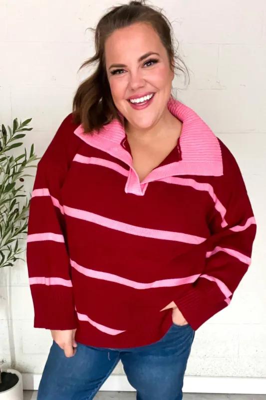 Fall For You Crimson Stripe Notched Neck Collared Oversized Sweater sold by Charming Charlie