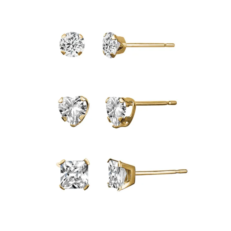 Yellow Gold Trio Cubic Zirconia Round/Heart/Square Studs sold by Charming Charlie