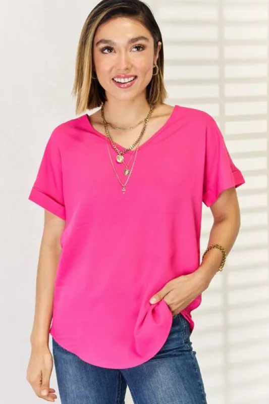 Zenana V-Neck Rolled Short Sleeve T-Shirt sold by Charming Charlie