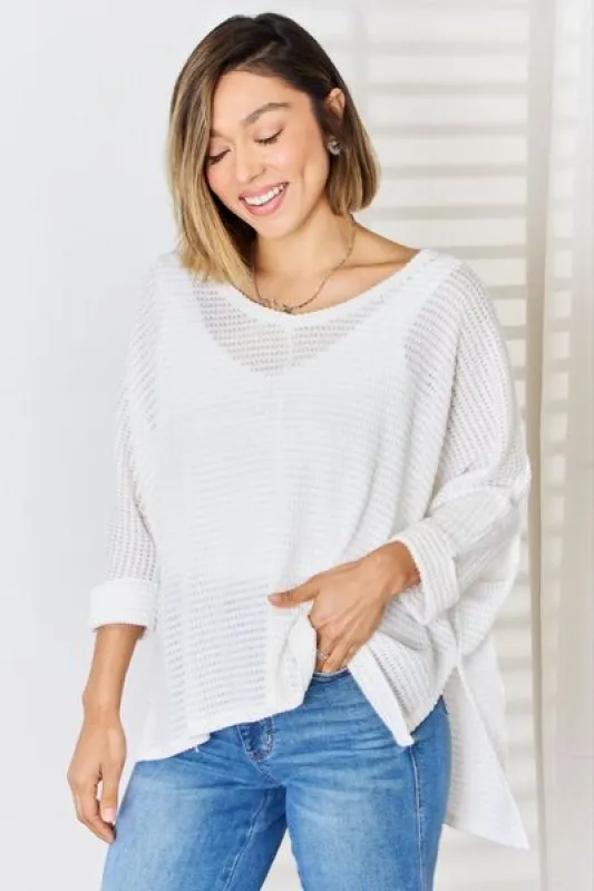 Zenana Full Size Waffle Knit V-Neck Long Sleeve Slit Top sold by Charming Charlie