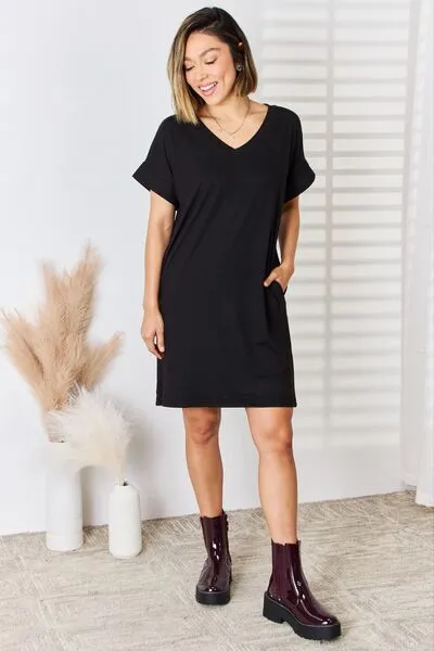 Zenana Full Size Rolled Short Sleeve V-Neck Dress sold by Charming Charlie