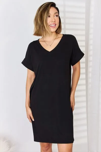 Zenana Full Size Rolled Short Sleeve V-Neck Dress sold by Charming Charlie product image thumbnail 2