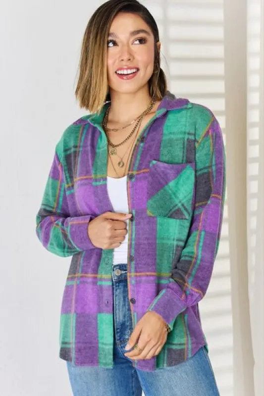 Zenana Plaid Button Up Long Sleeve Shacket sold by Charming Charlie