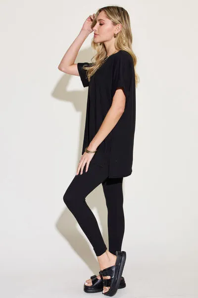Zenana Plus Size Short Sleeve Slit T-Shirt and Leggings Lounge Set sold by Charming Charlie product image thumbnail 3