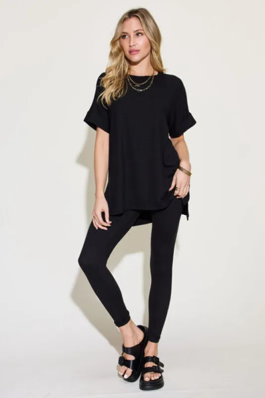 Zenana Plus Size Short Sleeve Slit T-Shirt and Leggings Lounge Set sold by Charming Charlie