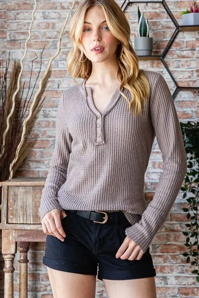 Reborn J Waffle Knit Notched Long Sleeve Top sold by Charming Charlie