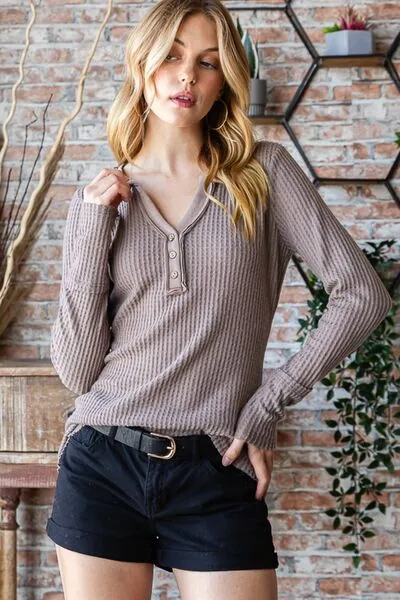 Reborn J Waffle Knit Notched Long Sleeve Top sold by Charming Charlie product image thumbnail 3