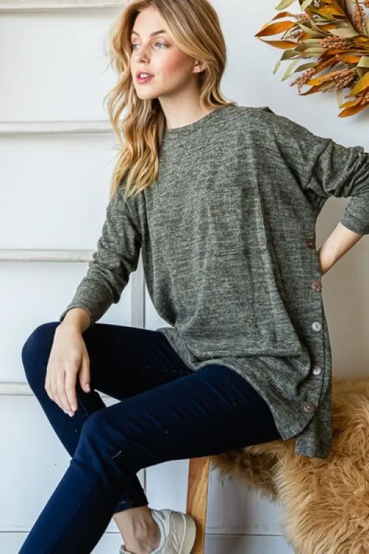 Reborn J Button Side Round Neck Long Sleeve T-Shirt sold by Charming Charlie