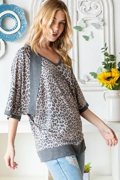 Heimish Full Size Leopard Contrast V-Neck Half Sleeve T-Shirt sold by Charming Charlie product image thumbnail 3