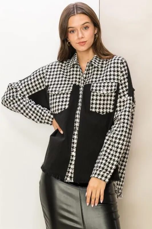 HYFVE Houndstooth Contrast Raw Hem Jacket sold by Charming Charlie