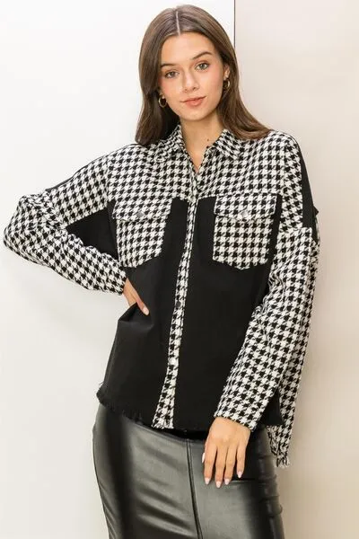 HYFVE Houndstooth Contrast Raw Hem Jacket sold by Charming Charlie