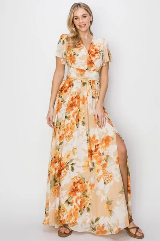 HYFVE Floral Tie Back Short Sleeve Slit Maxi Dress sold by Charming Charlie