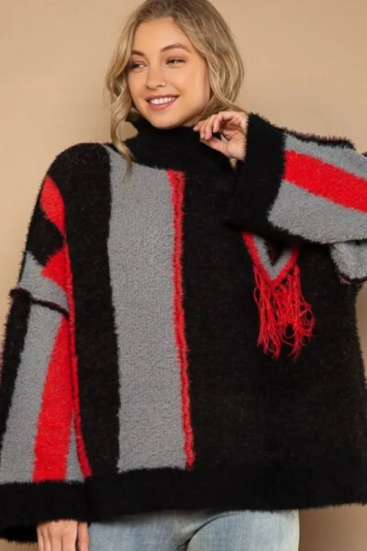 POL Turtleneck Color Block Fringe Detail Sweater sold by Charming Charlie