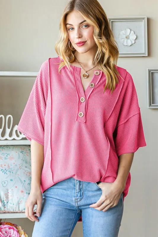 Heimish Full Size Ribbed Half Button Drop Shoulder Top sold by Charming Charlie
