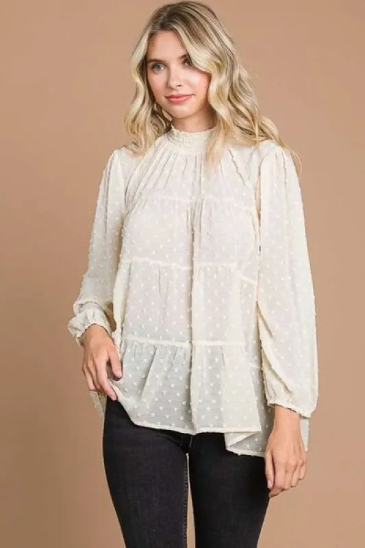 Culture Code Full Size Swiss Dot Smocked Mock Neck Blouse sold by Charming Charlie