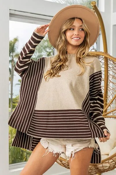 BiBi Striped Contrast Long Sleeve Slit Top sold by Charming Charlie product image thumbnail 3