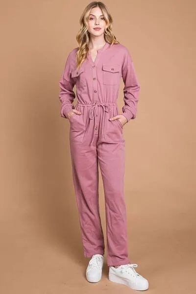 Culture Code Full Size Button Up Drawstring Waist Straight Jumpsuit sold by Charming Charlie
