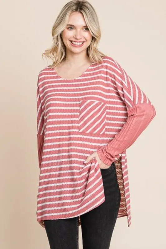 Culture Code Oversize Striped Round Neck Long Sleeve Slit T-Shirt sold by Charming Charlie