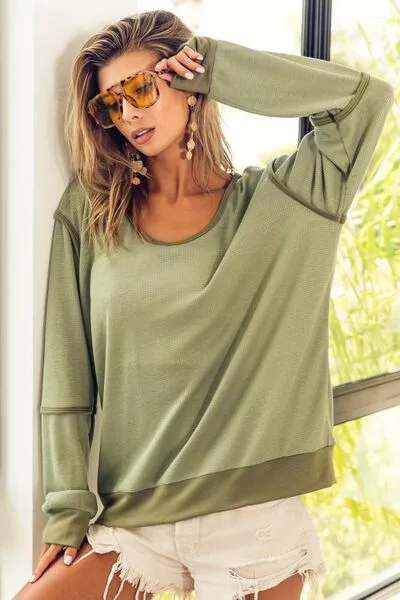 BiBi Waffle Knit Contrast Trim Long Sleeve T-Shirt sold by Charming Charlie