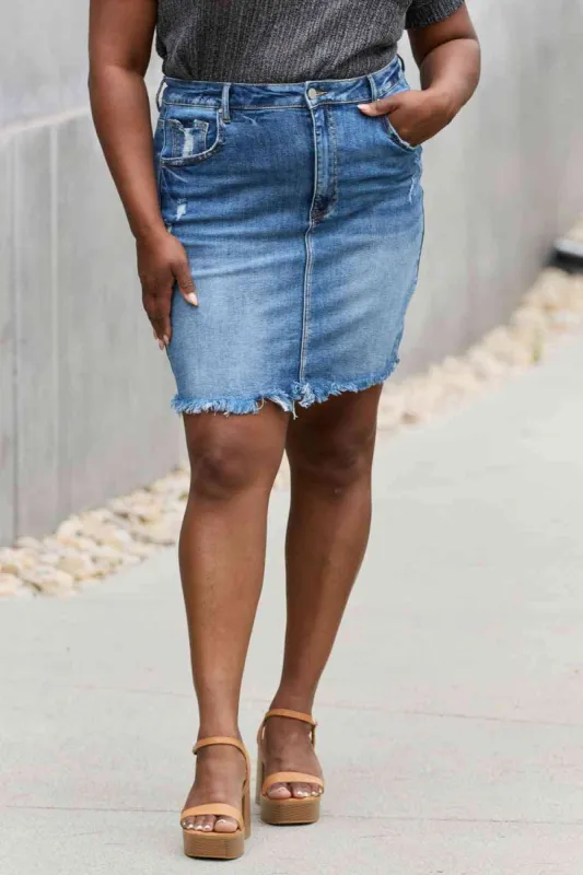 RISEN Amelia Full Size Denim Mini Skirt sold by Charming Charlie