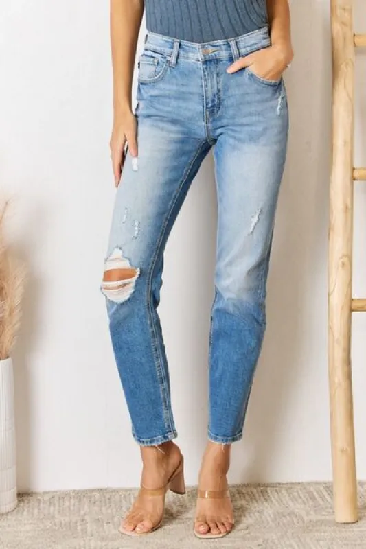 Kancan High Rise Distressed Slim Straight Jeans sold by Charming Charlie