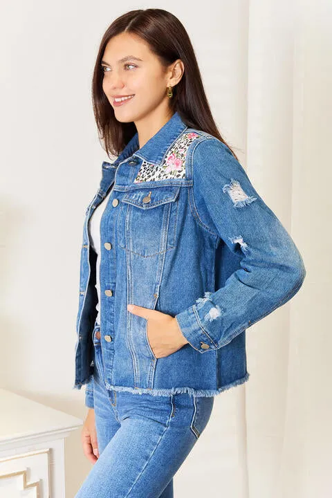 Baeful Leopard Floral Distressed Raw Hem Denim Jacket sold by Charming Charlie product image thumbnail 3