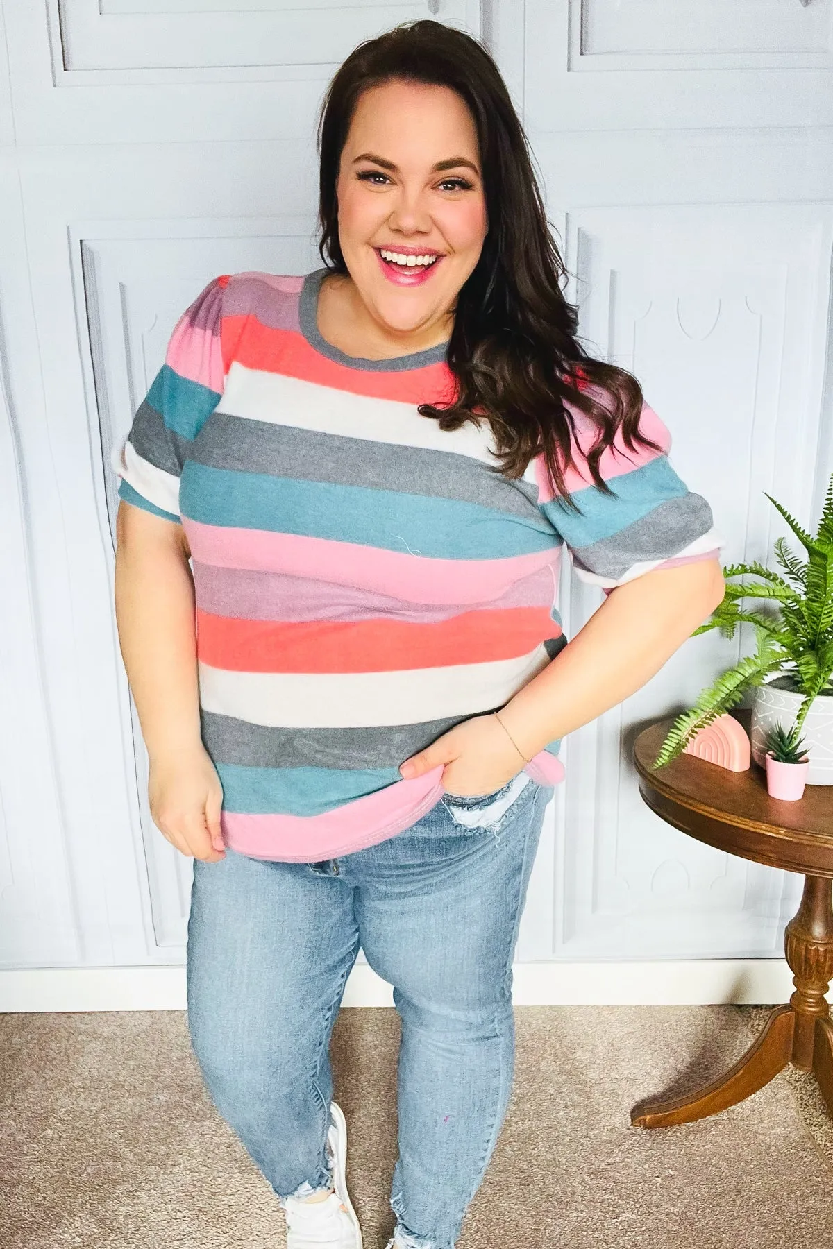 Look Out Teal & Rose Striped Hacci Knit Puff Sleeve Top sold by Charming Charlie