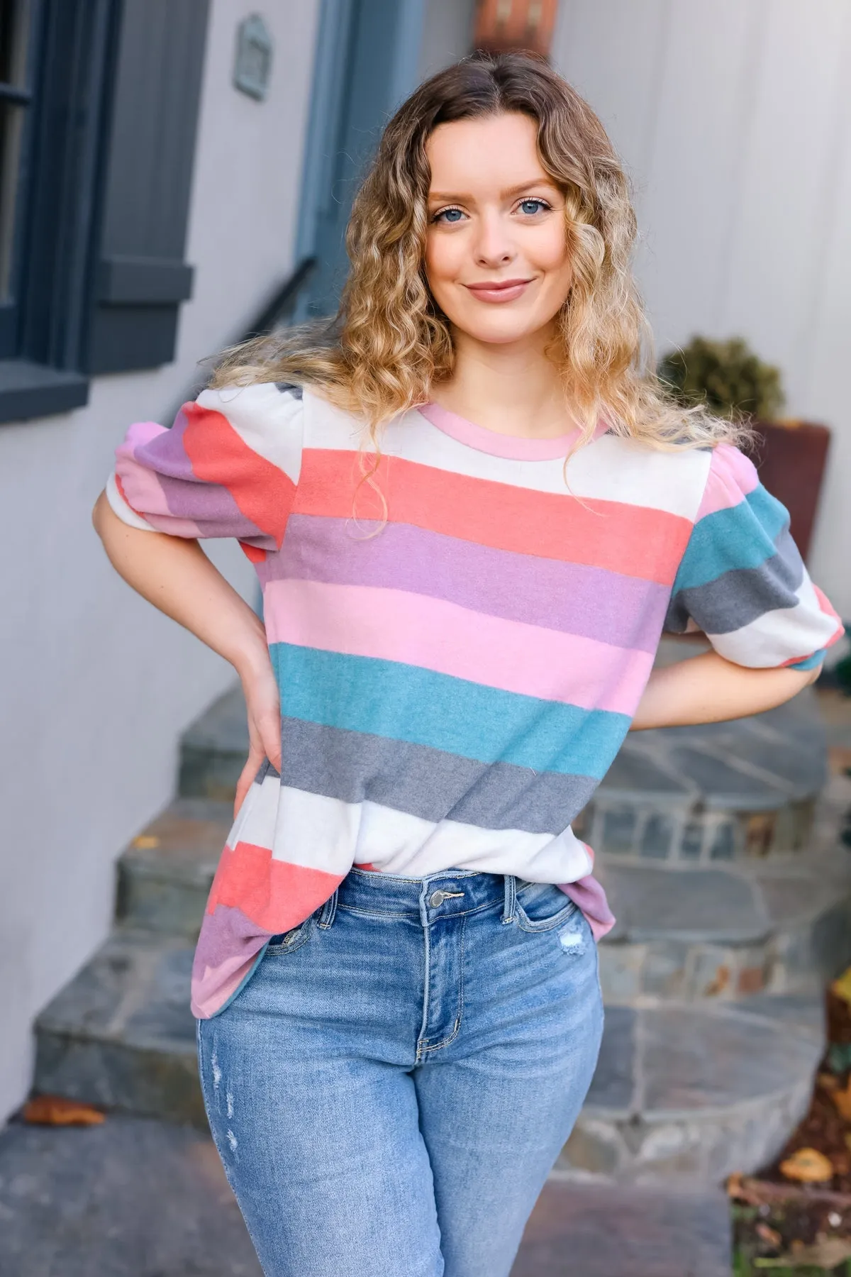 Look Out Teal & Rose Striped Hacci Knit Puff Sleeve Top sold by Charming Charlie product image thumbnail 2