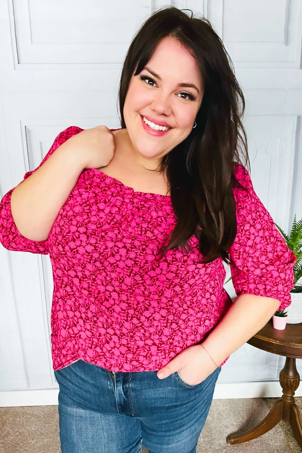 Perfectly You Fuchsia Floral Three Quarter Sleeve Square Neck Top sold by Charming Charlie