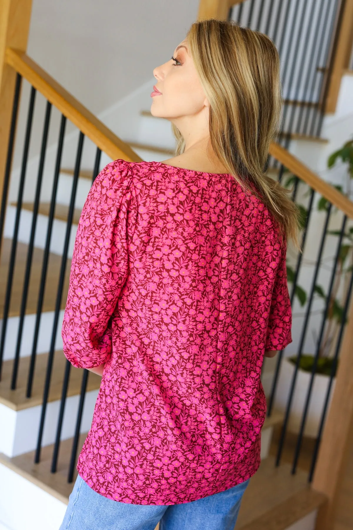 Perfectly You Fuchsia Floral Three Quarter Sleeve Square Neck Top sold by Charming Charlie product image thumbnail 4