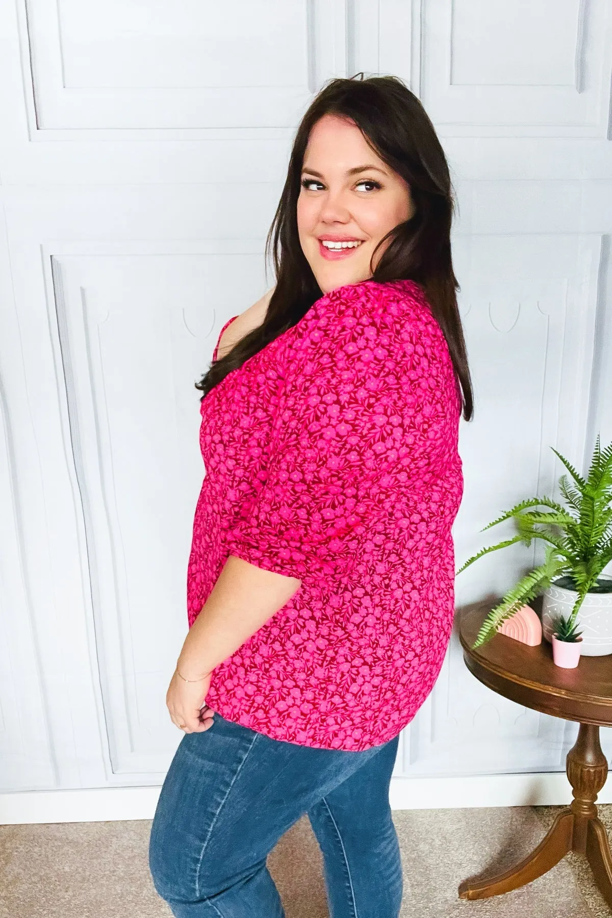 Perfectly You Fuchsia Floral Three Quarter Sleeve Square Neck Top sold by Charming Charlie product image thumbnail 5