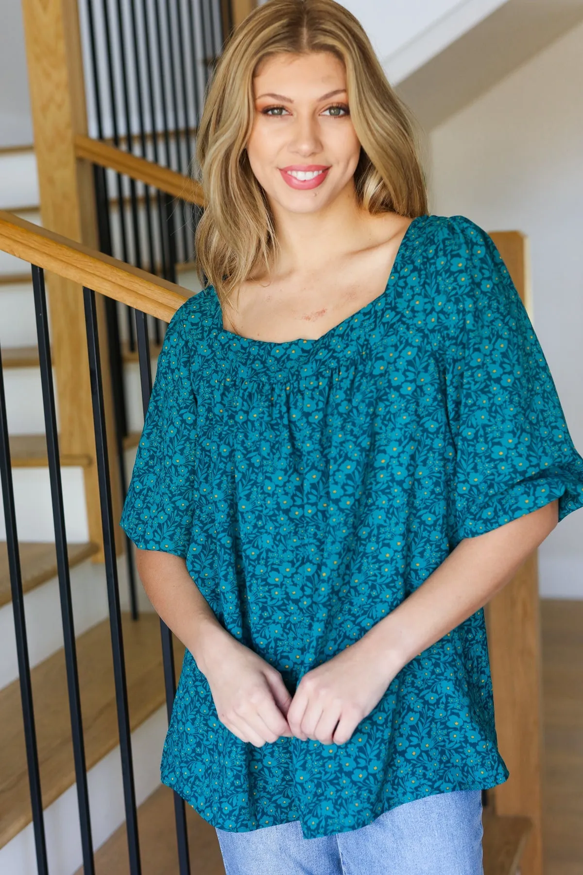 Perfectly You Teal Floral Three Quarter Sleeve Square Neck Top sold by Charming Charlie product image thumbnail 3