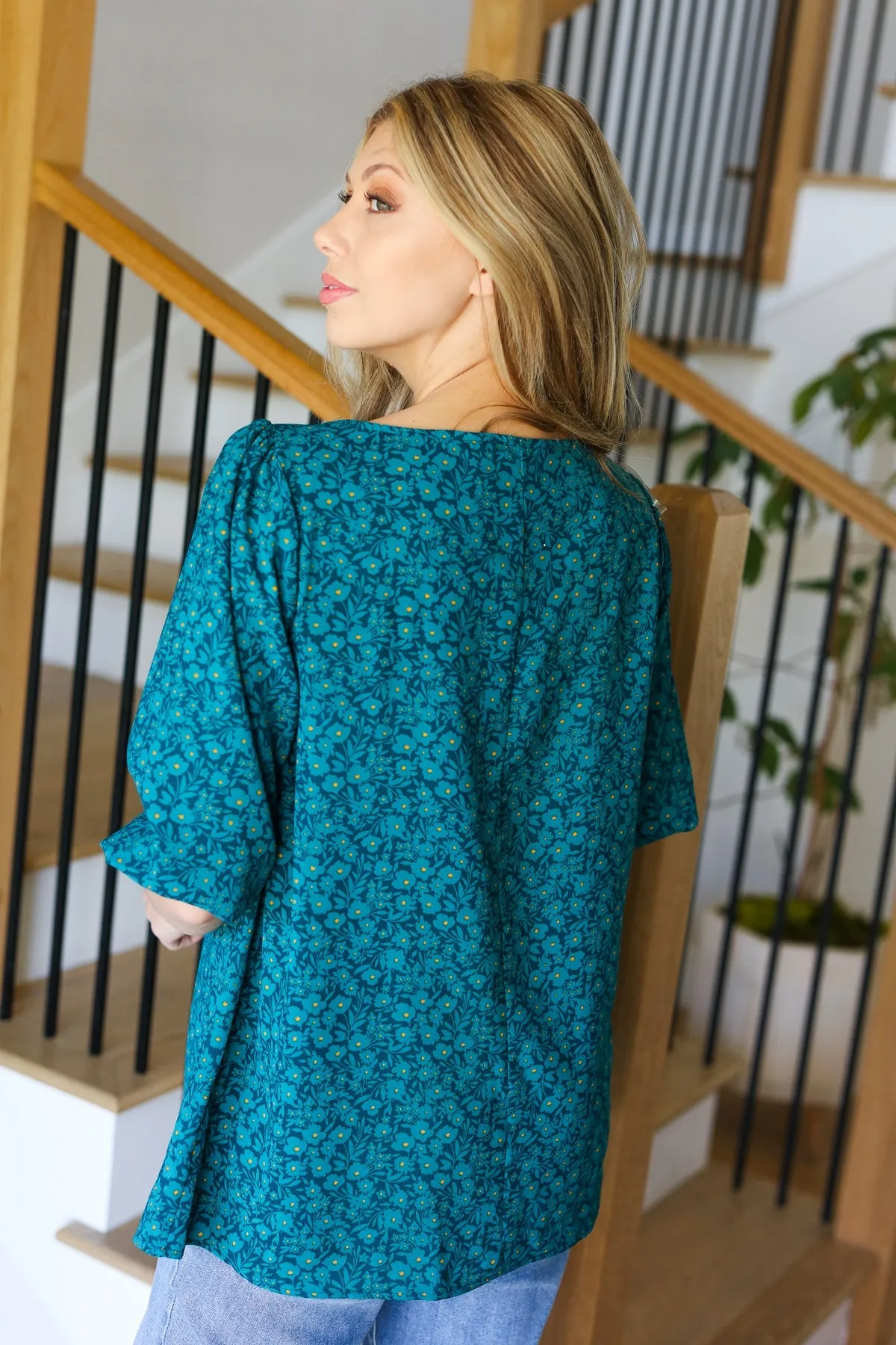 Perfectly You Teal Floral Three Quarter Sleeve Square Neck Top sold by Charming Charlie product image thumbnail 2