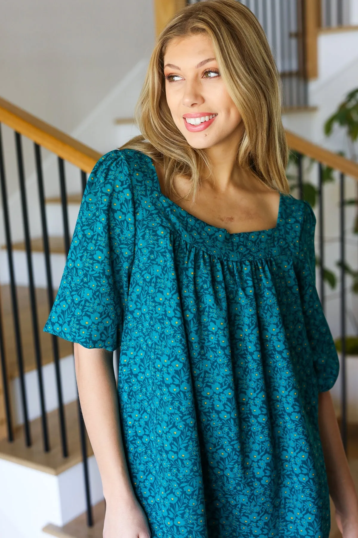 Perfectly You Teal Floral Three Quarter Sleeve Square Neck Top sold by Charming Charlie product image thumbnail 5
