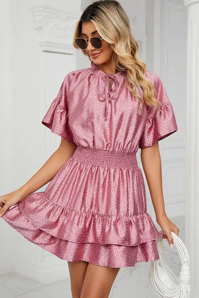 Smocked Tie Neck Flounce Sleeve Dress sold by Charming Charlie product image thumbnail 4