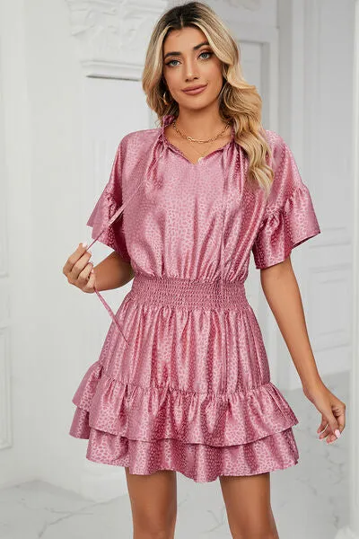 Smocked Tie Neck Flounce Sleeve Dress sold by Charming Charlie