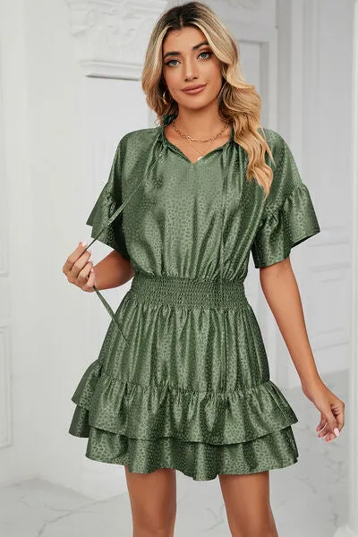Smocked Tie Neck Flounce Sleeve Dress sold by Charming Charlie product image thumbnail 5