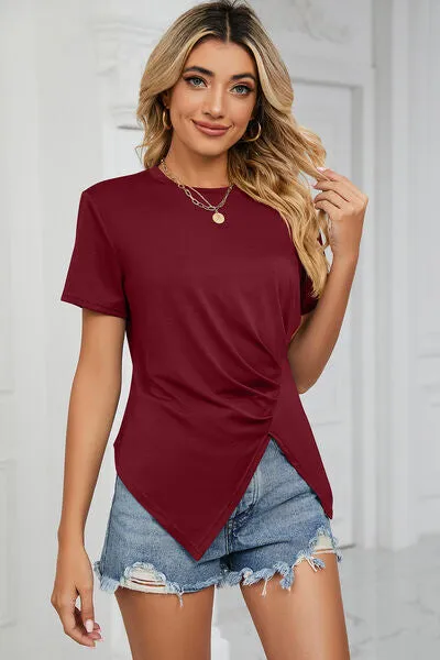 Ruched Round Neck Short Sleeve T-Shirt sold by Charming Charlie