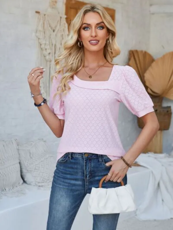 Eyelet Asymmetrical Neck Short Sleeve T-Shirt sold by Charming Charlie