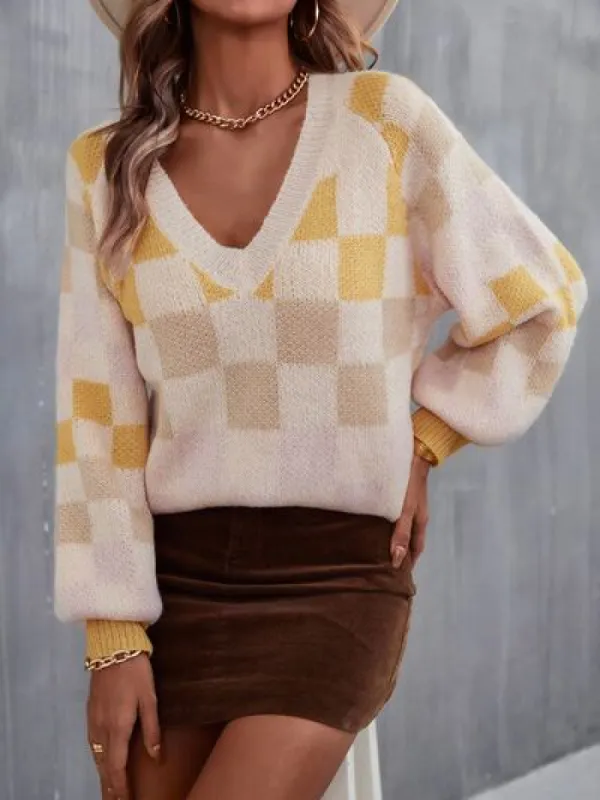 Checkered V-Neck Lantern Sleeve Sweater sold by Charming Charlie