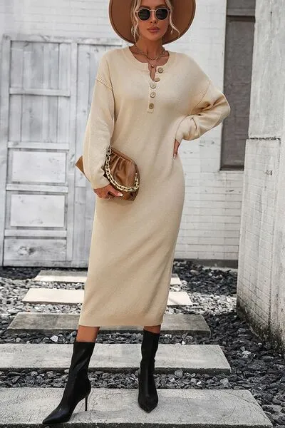 Decorative Button Notched Dropped Shoulder Sweater Dress sold by Charming Charlie product image thumbnail 3