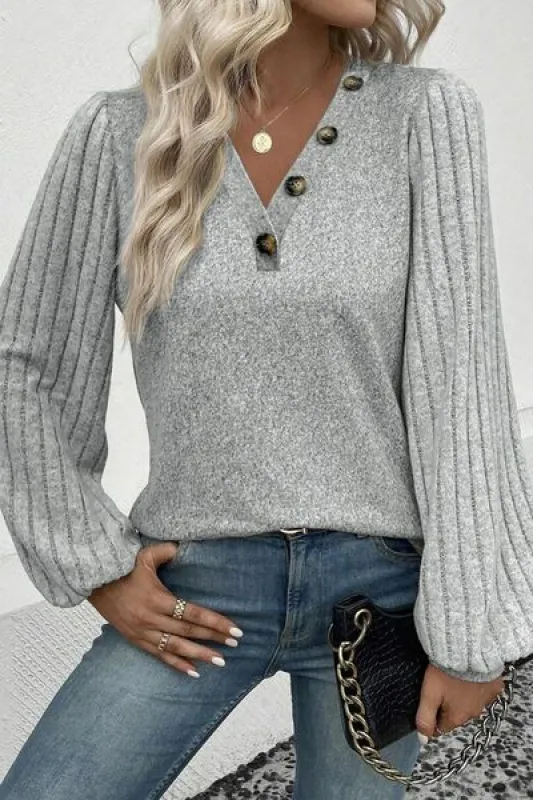 Decorative Button V-Neck Lantern Sleeve Blouse sold by Charming Charlie