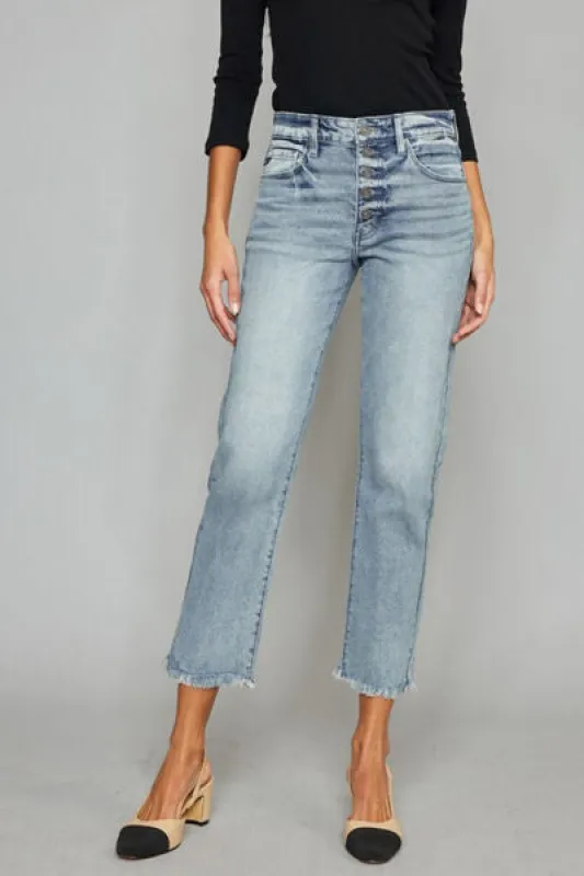 Kancan High Waist Button Fly Raw Hem Cropped Straight Jeans sold by Charming Charlie