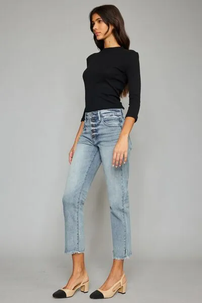 Kancan High Waist Button Fly Raw Hem Cropped Straight Jeans sold by Charming Charlie product image thumbnail 4