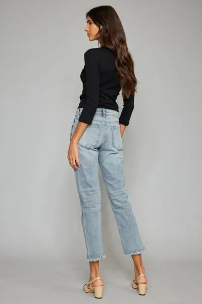 Kancan High Waist Button Fly Raw Hem Cropped Straight Jeans sold by Charming Charlie product image thumbnail 3