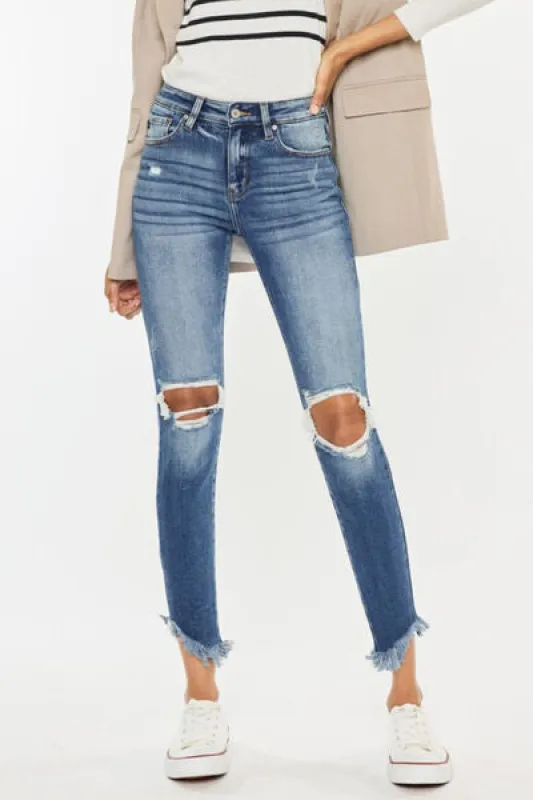 Kancan High Waist Distressed Raw Hem Ankle Skinny Jeans sold by Charming Charlie