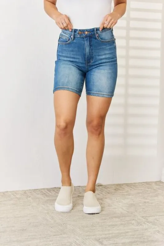Judy Blue Full Size Tummy Control Double Button Bermuda Denim Shorts sold by Charming Charlie