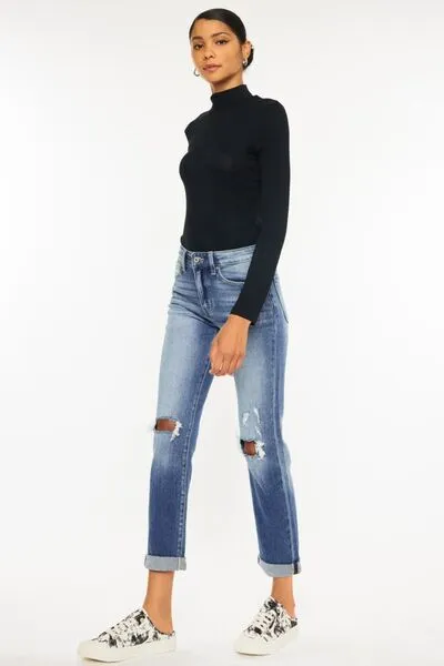 Kancan High Waist Distressed Hem Detail Cropped Straight Jeans sold by Charming Charlie product image thumbnail 4