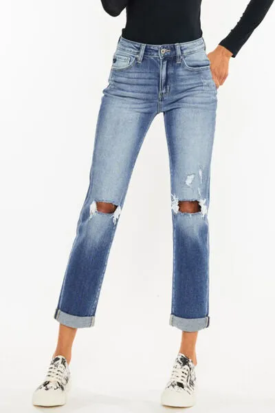 Kancan High Waist Distressed Hem Detail Cropped Straight Jeans sold by Charming Charlie