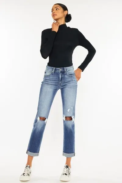 Kancan High Waist Distressed Hem Detail Cropped Straight Jeans sold by Charming Charlie product image thumbnail 2
